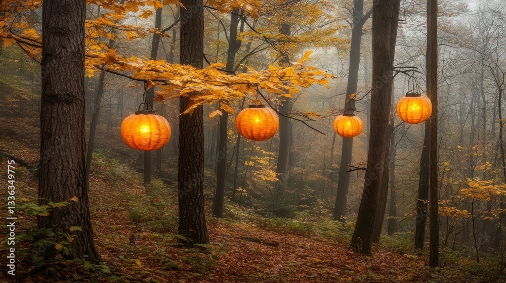 Poster illuminated lanterns hanging in an autumnal misty forest scene