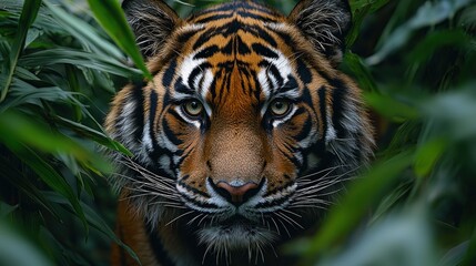 Fototapeta premium A regal tiger stares directly out from lush green foliage surroundings