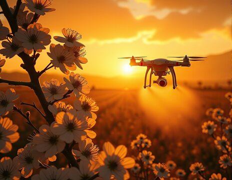 AI-controlled pollinator drones dusting almond blossoms while lithium-ion battery packs hum