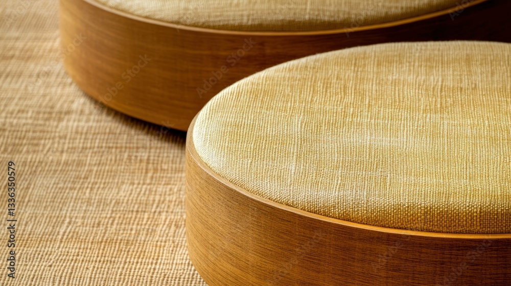 Poster two circular wooden stools feature soft textured upholstered seats