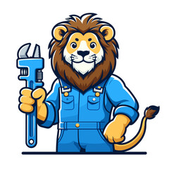 Naklejka premium Cartoon lion plumber with wrench in blue overalls, vector illustration. Perfect for plumbing services, pipe repair companies, maintenance professionals or home improvement businesses.