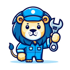 Fototapeta premium Cartoon lion mechanic with wrench in blue uniform, vector illustration. Perfect for auto repair shops, maintenance services, car care centers or technical support businesses.