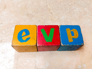 colorful wooden blocks with evp or employee value proposition letters, concept illustration in business