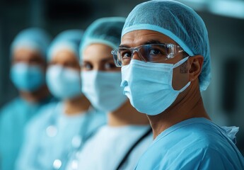 Medical team in scrubs and masks focusing intently in a hospital setting.