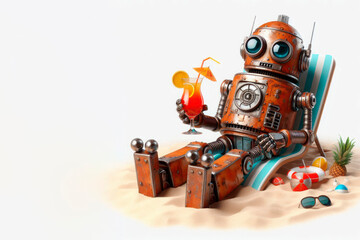 Fototapeta premium A rusty retro robot is relaxing on a sun lounger with a cocktail on the beach. Space for text.