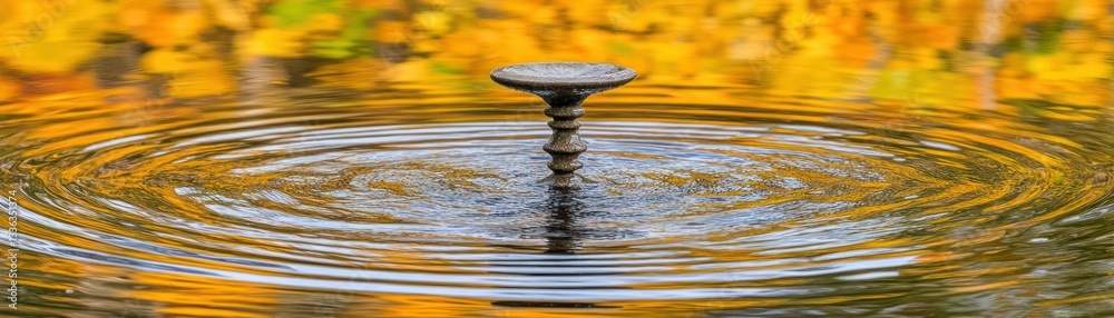 Poster a small water fountain creating ripples in a pond with reflections