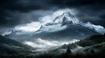 A majestic mountain peak covered in snow with a forest and fog in the foreground view