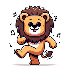 Obraz premium Cartoon dancing lion with excited expression and musical notes. Perfect for dance studios, music programs, entertainment events, or children's activity promotions.
