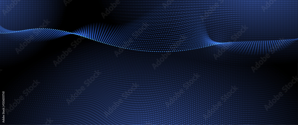 Poster Vector abstract dynamic, wave particle and dot. Illustration technology background with dynamic mesh, flow particles design for banner, wallpaper. High tech, digital datum network and science concept
