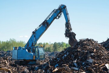 Robust Blue Hydraulic Claw Crane at Scrap Metal Recycling Yard: Efficient Machine for Metal Collection