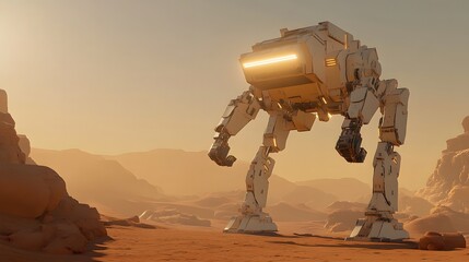 A sci-fi battle mech standing tall in a desert landscape, its armor worn from battle, weapons glowing with energy