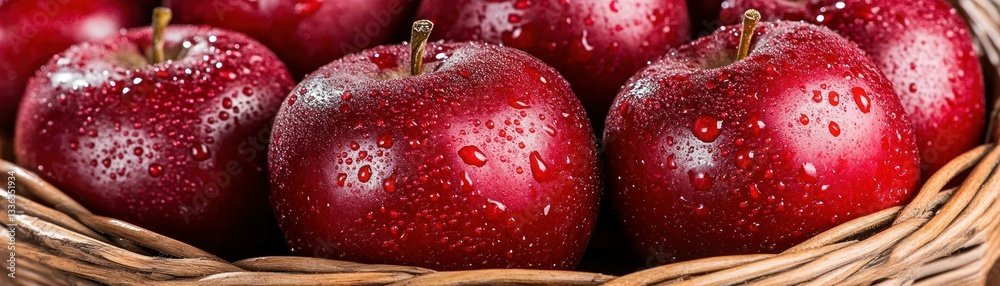 Poster close up of shiny red apples in a woven basket