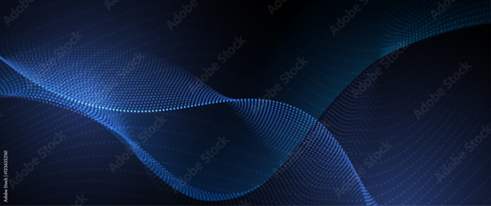 Fototapete Vector abstract dynamic, wave - flow mesh particles pattern and dot on dark blue background. Illustration design futuristic, network technology background. Modern digital datum and science concept