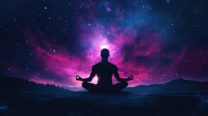 Silhouette of a Cosmic Man Meditating Under a Starry Night Sky, Embracing the Sound of the Universe for Transcendental Peace