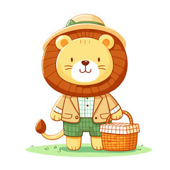 Fototapeta premium Cartoon lion farmer in straw hat with picnic basket, vector illustration. Perfect for farmers markets, countryside tourism, organic produce promotion or rural lifestyle content.
