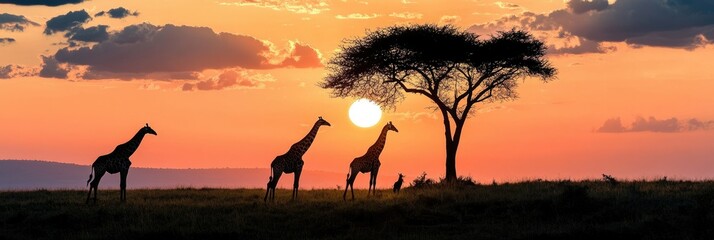 Silhouetted Giraffe Family Under Vibrant African Sunset with Acacia Trees