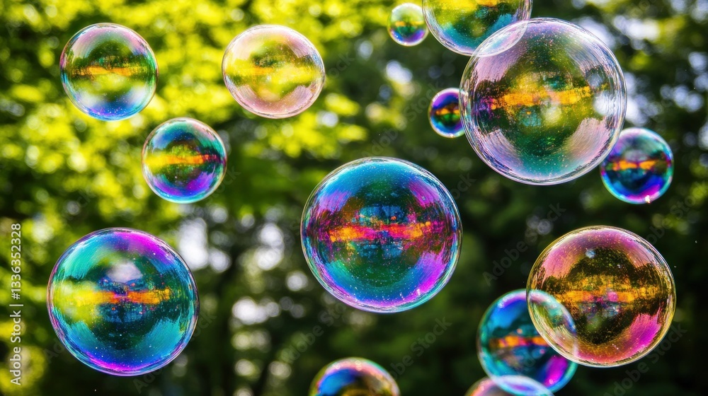 Poster Several colorful transparent bubbles float against a green background