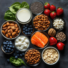 Assorted nutritious foods including nuts, fish, grains, fruits, and dairy arranged in a circular pattern.
