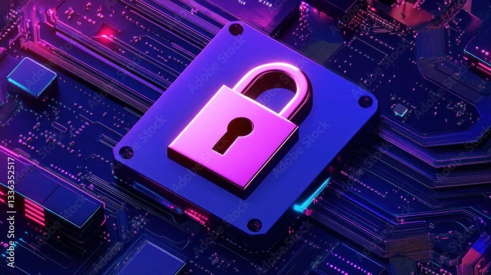 Poster Glowing security lock sits on a complex circuit board design