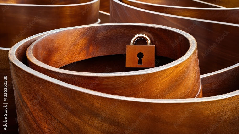 Poster An abstract view of wooden curving forms with a padlock