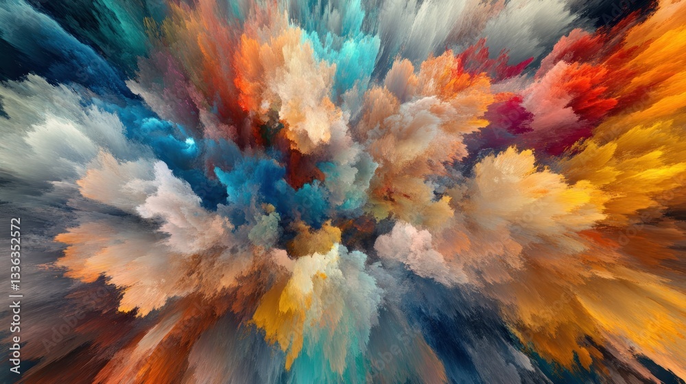 Poster The abstract image depicts exploding vibrant colorful clouds in space
