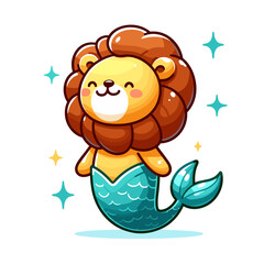Fototapeta premium Cute cartoon lion mermaid with sparkly fish tail in ocean, vector illustration. Perfect for fantasy stories, beach themed events, or children's room decorations.