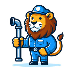 Naklejka premium Cute cartoon lion plumber with wrench in blue uniform, vector illustration. Perfect for plumbing service advertising, home repair guides, or maintenance company branding.