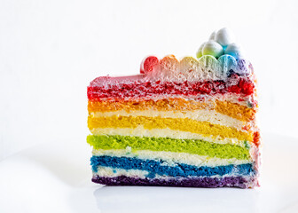 A delicious homemade rainbow cake is elegantly displayed against a white background.
