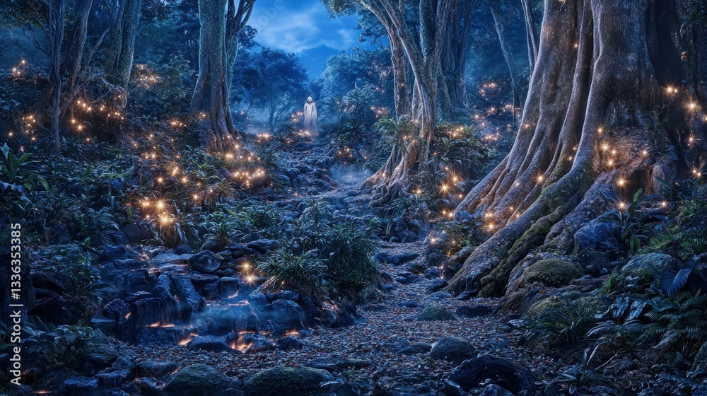 Aufkleber a mysterious figure walks a glowing path through a forest