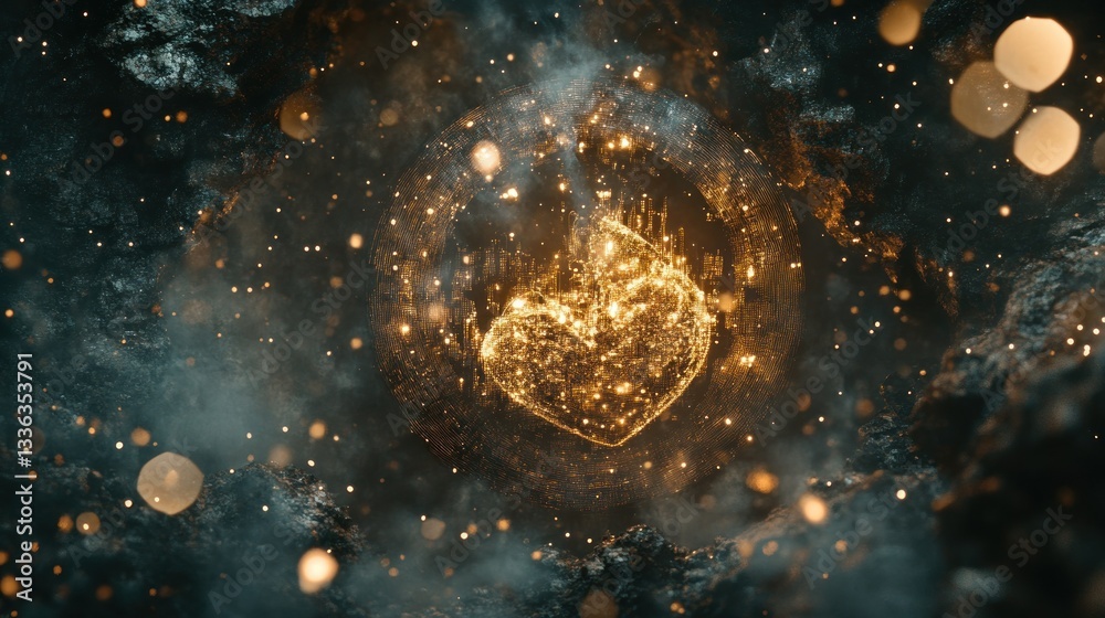 Poster a glowing heart encompassed within an ethereal sphere in space