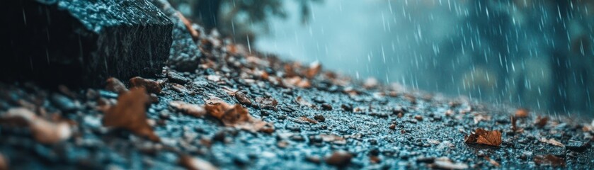 Rain falls onto a ground surface with fallen dry leaves
