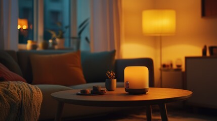 A lamp sits on a coffee table in a living room scene