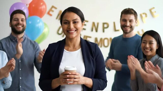 A group of colleagues gathers to celebrate the employee of the month. The atmosphere is joyful with balloons and applause as the honored individual smiles, holding a cup.