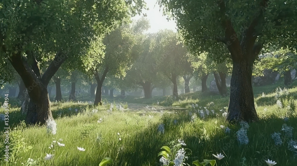 Aufkleber a lush green forest scene with trees and flowing light