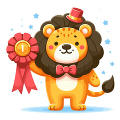 Fototapeta premium Cartoon award-winning lion with red ribbon and bow tie, vector illustration. Perfect for competition events, achievement celebrations, and recognition ceremonies.