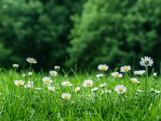 A vibrant field of daisies blooming in lush green grass under a sunny sky