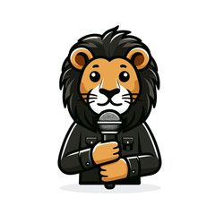 Fototapeta premium Confident lion presenter in black outfit holding microphone. Perfect for event hosting or public speaking training programs.