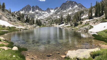 A pristine alpine lake reflects towering mountain peaks with some snow