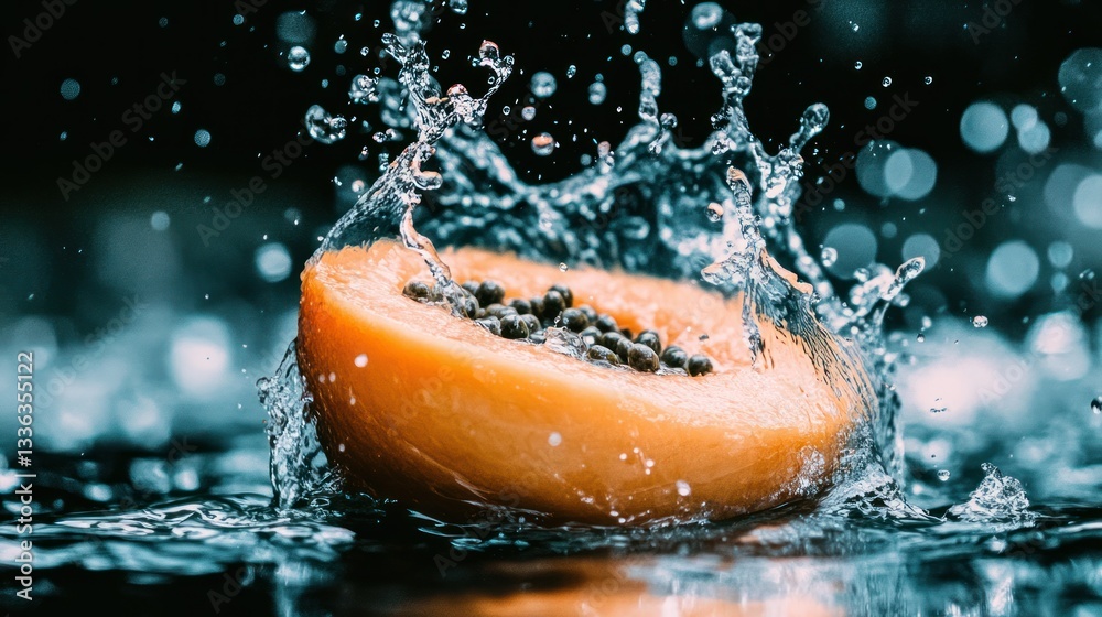 Poster an orange papaya slice submerged in water with a splash