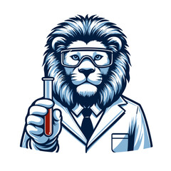 Fototapeta premium Cartoon scientist lion in white lab coat holding test tube. Perfect for research facilities, laboratory services, chemical analysis companies, or scientific education programs.