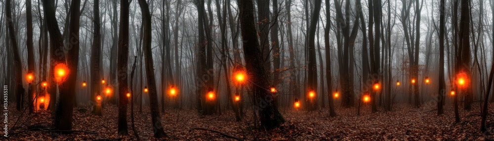 Poster a mystical forest scene illuminated by floating orbs of light