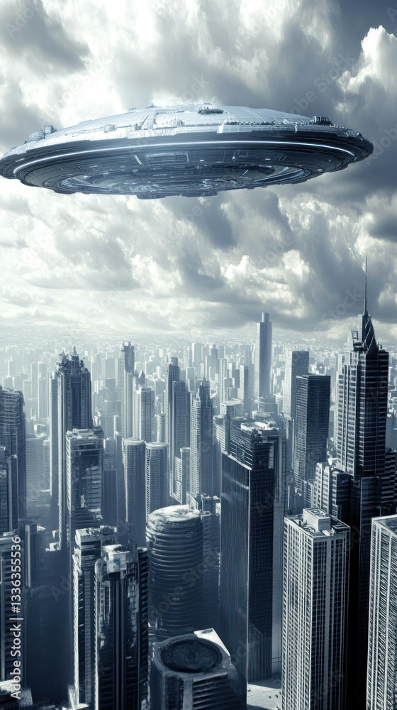 Poster A futuristic cityscape displays an alien spaceship hovering above