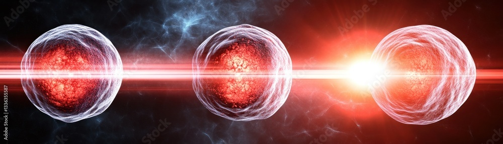 Poster three spheres with glowing centers and red light beam passing through