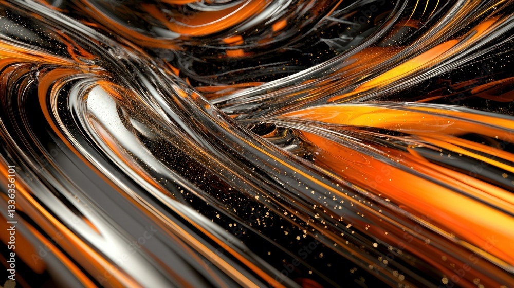 Poster abstract render depicting glossy fluid ribbons with orange glow