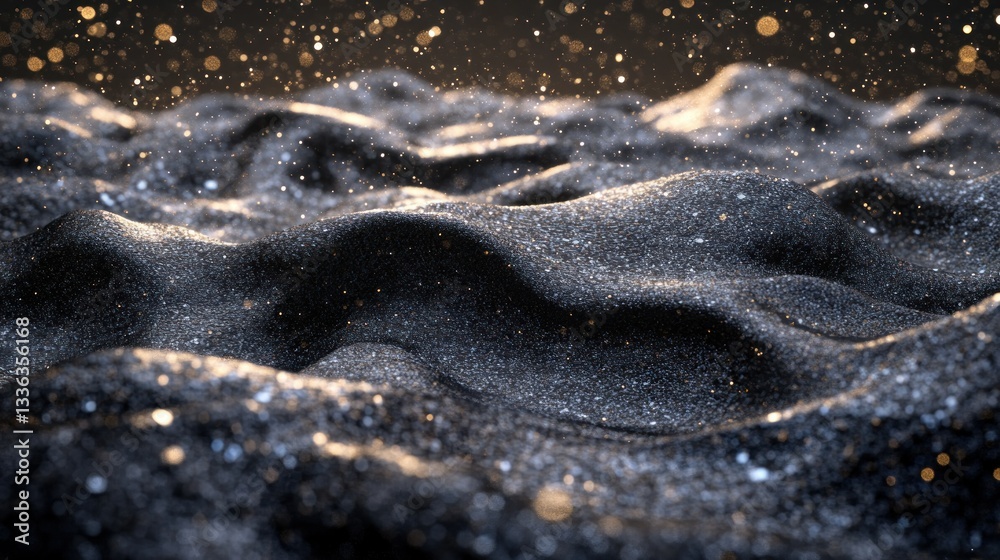 Poster Dark textured waves with sparkling and glistening floating lights
