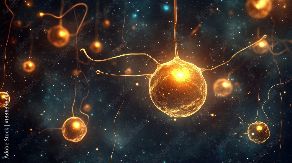 Poster glowing neuron cells with connecting tendrils in dark blue space