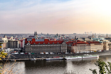 A city Prague in Czech Republic view with a tall building in the background