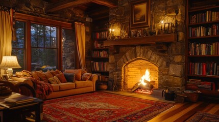 Obraz premium A cozy room features a lit fireplace and comfy seating
