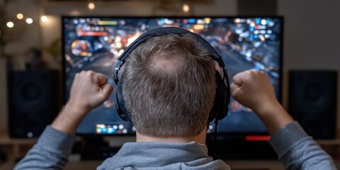 A gamer immersed in the world of gaming lifts fists in triumph as the screen displays a victorious moment, capturing the zeal of digital competition.
