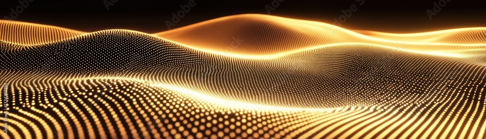 Poster Illuminated abstract landscape of golden illuminated particles undulating softly